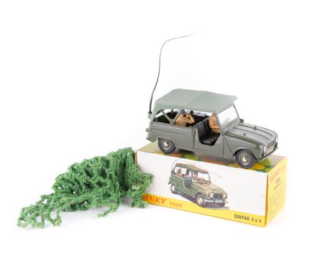 French Dinky Renault 4 Sinpar 4x4 field car (600). In olive green with plastic roof, two figures, whip aerial and camouflage 