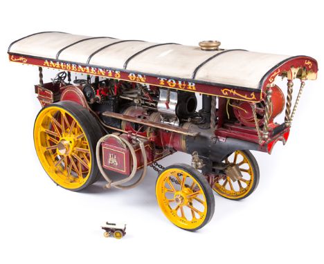 An impressive live steam scale model of a Fowler Showman’s Engine. 110cm long with twin cylinders with copper boiler painted 