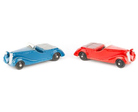 2 Dinky Toys 38 series Sunbeam-Talbot (38b). One in dark blue with grey tonneau and black wheels. The other in bright red wit