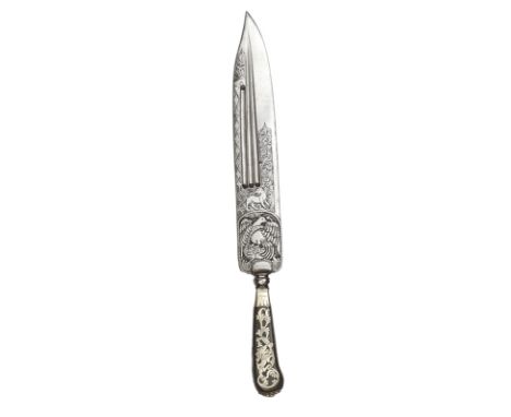 A good Italian ceremonial hunting knife, c 1700, broad blade 12”, with bowie type tip, chiselled panels at forte, on one side