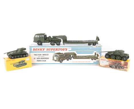 3 French Dinky Toys Army Vehicles. Supertoys Tracteur Berliet Et Semi-Remorque Porte-Char (Tank Transporter) (890). Char A.M.