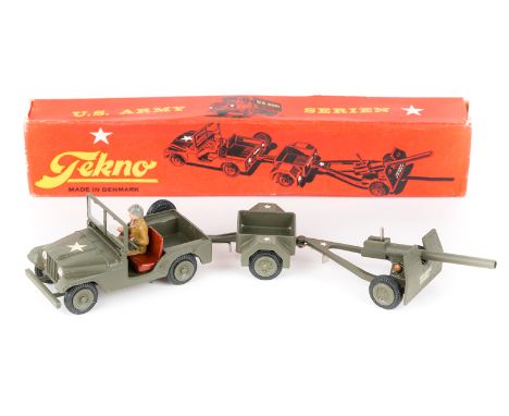 A 1960’s Tekno US Army Military Set. Jeep, limber (trailer) and filed gun, all in matt US Army olive green livery, complete w