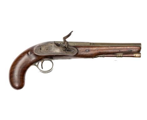 A 32 bore brass barrelled flintlock holster pistol by Archer, c 1815, 12” overall, 2 stage barrel 8”, the octagonal breech be
