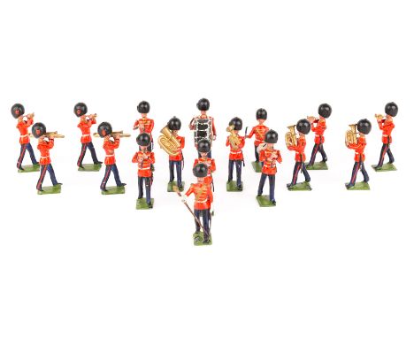 Britains Band of the Coldstream Guards from set No.37. 17 pieces including band master, bass drummer buglers, flutist, clarin