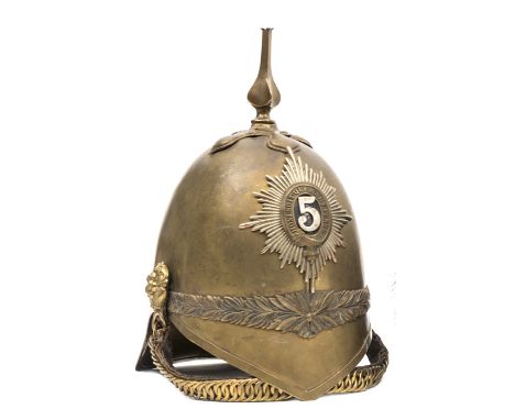 A trooper’s brass helmet of The 5th (Princess Charlotte of Wales’s) Dragoon Guards, ear to ear laurel wreath, oak leaf band t