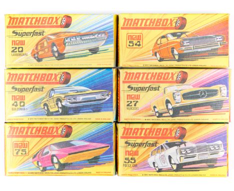 6 Matchbox Superfast. Lamborghini Marzal (20) in bright pink with yellow windows. Mercedes Benz 230SL (27) in deep yellow wit