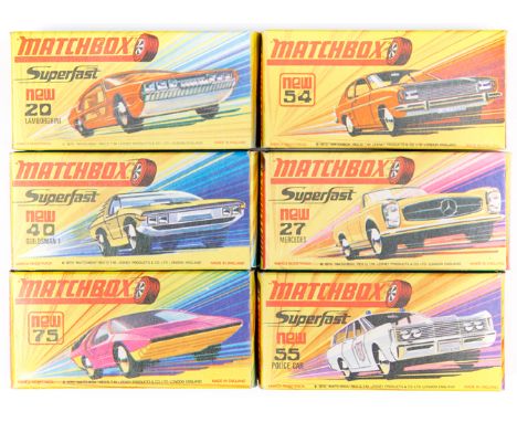 6 Matchbox Superfast. Lamborghini Marzal (20) in bright pink with yellow windows. Mercedes Benz 230SL (27) in deep yellow wit