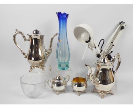 Lot to include Oneida plated ware, Murano glass vase, anglepoise style lamp, Swedish glass bowl and similar.