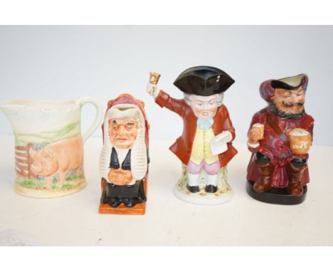 Sir John falstaff toby jug, 2 Additional toby jugs &amp; James Harriet country kitchen pig pitcher 