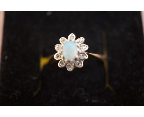 9ct Gold ring set with diamonds &amp; mystic opal Size O 