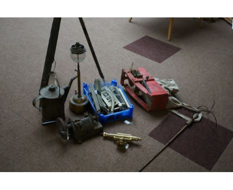 Brass surveyors level, seed spreader, rail track, early tripod, small hand lathe  &amp; others 