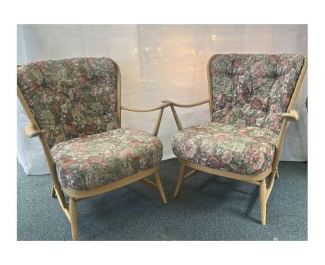 Pair of blonde Ercol chairs - 1 sun bleached