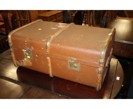 A VINTAGE BANDED PACKING TRUNK