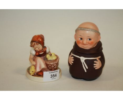 A GOEBEL FIGURE OF A GIRL WITH CHICKS TOGETHER WITH A GOEBEL MONK LIDDED POT