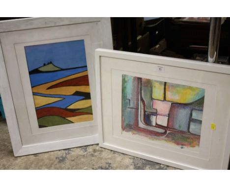 A MODERN FRAMED AND GLAZED ACRYLIC LANDSCAPE PAINTING TOGETHER WITH A FRAMED AND GLAZED MIXED MEDIA ABSTRACT STUDY SIGNED M S