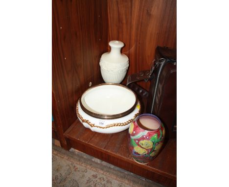 A COALPORT CERAMIC FRUIT BOWL WITH HALLMARKED SILVER RIM, TOGETHER WITH A ROYAL DOULTON VASE AND A WEDGWOOD TABLE LAMP BASE (