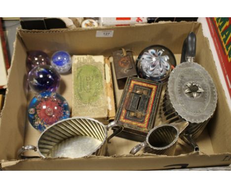 A SMALL TRAY OF COLLECTABLES TO INCLUDE A SILVER PLATED THREE PIECE TEA SERVICE, M HOHNERS ECHO HARMONICA, PAPERWEIGHTS ETC. 