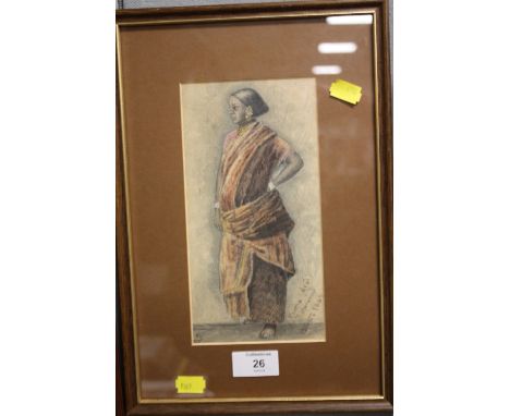 AN ANTIQUE FRAMED AND GLAZED WATERCOLOUR FULL LENGTH PORTRAIT STUDY ENTITLED 'MARTHA ( AYAH) MANGALLI 1889 MONOGRAM LOWER LEF