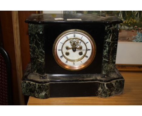 A VINTAGE SLATE AND MARBLE MANTEL CLOCK