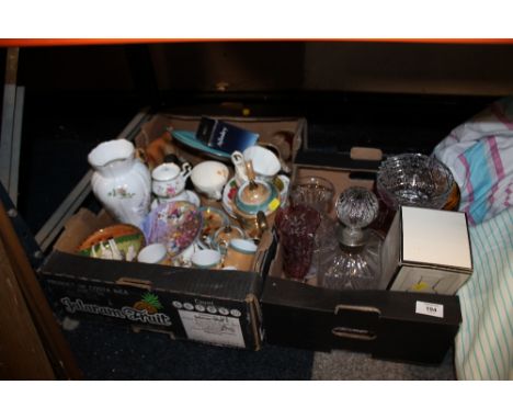 TWO TRAYS OF ASSORTED CERAMICS AND GLASSWARE TO INCLUDE WEDGWOOD CRYSTAL, AYNSLEY, POOLE ETC. 