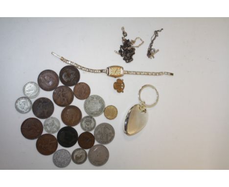 A SMALL BOX OF COLLECTABLES TO INCLUDE A LADIES TIMEX WRISTWATCH ON 9CT GOLD STRAP, COINS ETC