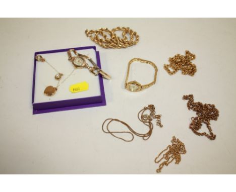 A BOX OF 9CT GOLD AND YELLOW METAL JEWELLERY TO INCLUDE A 9CT GOLD CASED LADIES ROTARY WRISTWATCH, LOCKET ETC