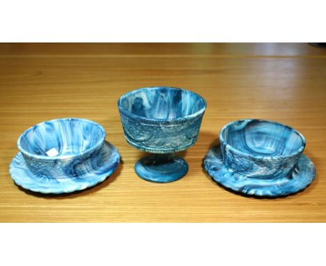 A pair of Victorian blue malachite glass butter dishes decorated with trailing ivy and flowers, with integral stands, 5in. (1