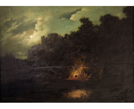 English School, early 19th century Camp Fire in Moonlight by Castle Ruins oil on panel 11½ x 15in. (29 x 38cm.)