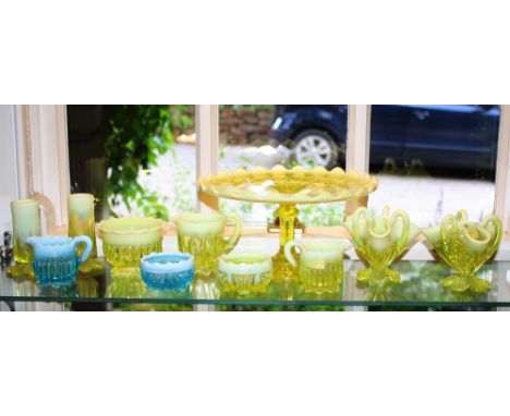 A George Davidson yellow pearline glass cake stand or comport Victorian, 4¾in. (12cm.) high, chip to rim; together with ten o