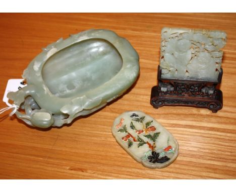 A hardstone set Chinese celadon jade plaque, with old collection label to base; together with a pierced and carved celadon ja