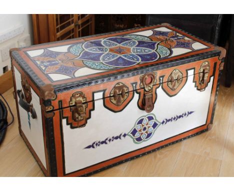 A cabin trunk with hand painted North African style decoration.