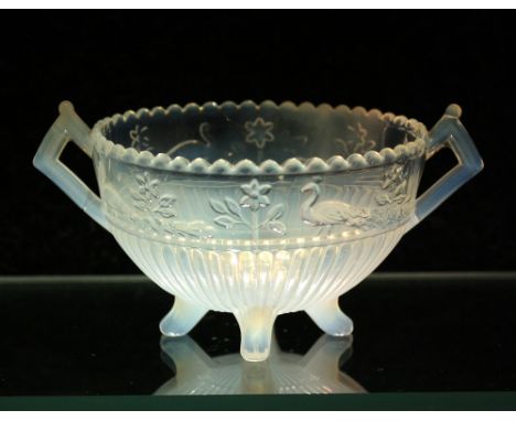 A Sowerby opaline or blanc de lait glass twin handled sugar basin late 19th century, pattern no. 1350, decorated with peacock