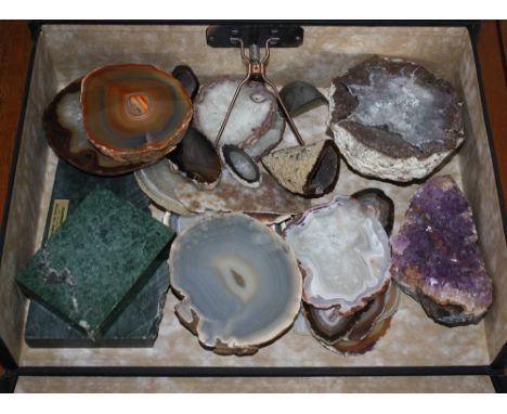 A quantity of agate specimens together with a cut and polished specimen of New Zealand Nephrite Jade and an amethyst specimen