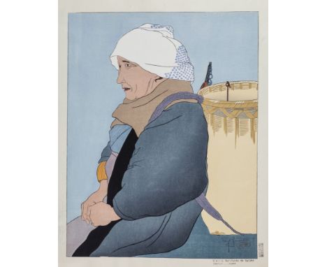 Paul Jacoulet (French, 1902-1960) 'Vieille Marohande de Carpes, Ibaraki, Japon', (The Old Carp Seller, Ibaraki, Japan), woodb