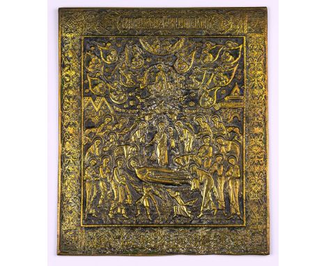 A 19th century brass plaque of The Dormition of The Mother of God the heavily cast brass retaining some original background e