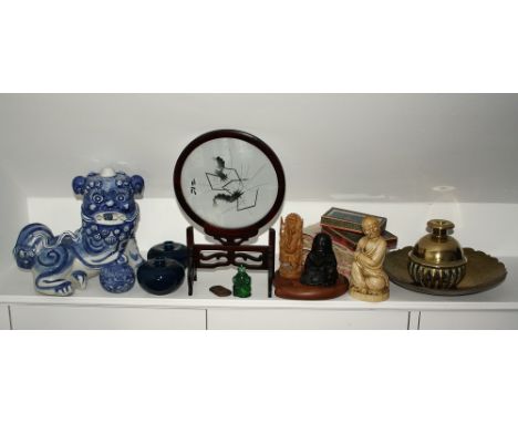 A small collection of Oriental items, 20th century including a Japanese silkwork of two shrimps; a bronze handbell; boxed Jap