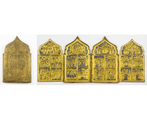A 19th century brass and blue enamel tetradymite or four-fold icon depicting the Great Feasts of Orthodoxy, the four top pane