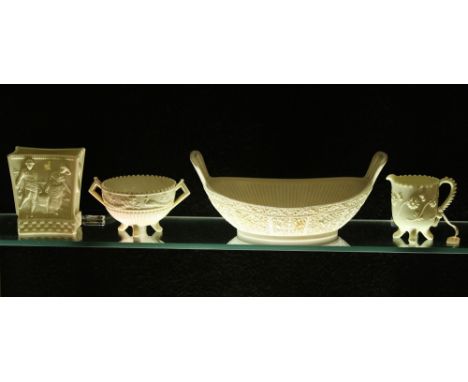 A Sowerby Ivory Queen’s Ware twin handled dish late 19th century, pattern no. 1376, of oval boat form with scrollwork decorat