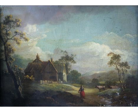 English School, 19th century Cottage in a Country Landscape with Cattle and Figure oil on panel 7 x 9¼in. (18 x 23.5cm.)
