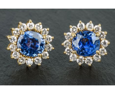 A pair of 18ct gold, sapphire and diamond cluster earrings the round cut sapphires within a border of fourteen small round br