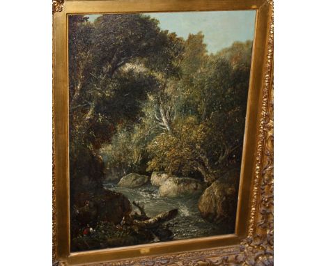 Follower of John Constable, 19th century A figure by a wooded river gorge oil on panel, in original period frame 15 x 11in. (