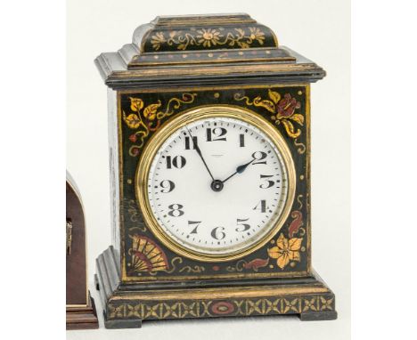 A lacquer cased mantel clock by Henri Blanc of Geneva c.1900, the green chinoiserie lacquered case with gilt bezel and bevell