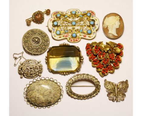 A gilt metal, enamel and turquoise brooch early 20th century in the 18th century style; together with a silver and shell came