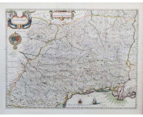 Willem Janszoon Blaeu (1571-1638) 'Languedoc', hand coloured engraved map with decorative title cartouche, arms, compass rose