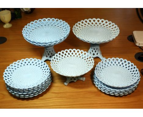 Two large Sowerby turquoise milk glass basket weave comports with separate tripod bases, 6¾in. (17cm.) high, together with a 