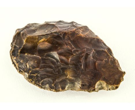 A fine flint hand axe probably Neolithic, with a good patina, one side with old handwritten ink inscription 'Warden Hill' (pr