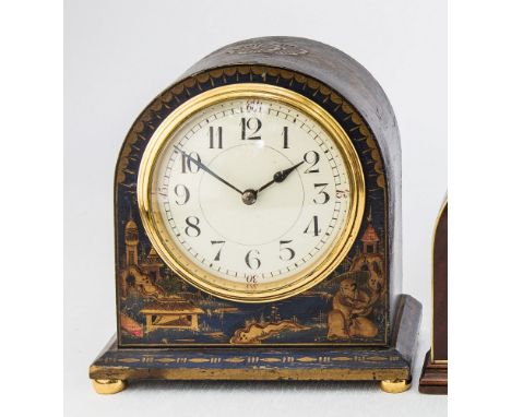A lacquer cased mantel clock c.1910, the arched case with blue lacquered chinoiserie decoration, Arabic enamelled dial and Fr