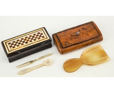 A 19th century horn, ivory and tortoiseshell snuff box with chequer board decoration, containing a mother-of-pearl fork and s