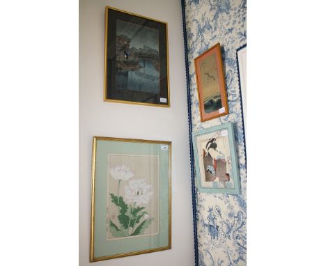 Four 19th and 20th century Japanese prints and watercolours comprising a large print of two feather-petalled peonies with a c