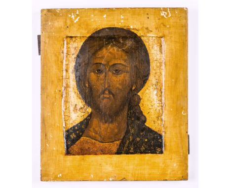 An antique icon depicting a bust portrait of Christ catalogued by Christies in 1995 as second half of 16th century, but possi